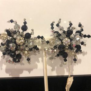 Jet Bkack & Silver Crystal Spray Earrings-NWT